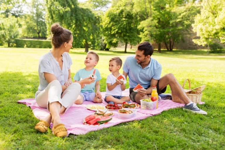 happy family with two sons having a picnic outdoors