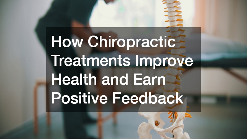 chiropractor treating a patient on an adjustment table with a spinal model displayed nearby